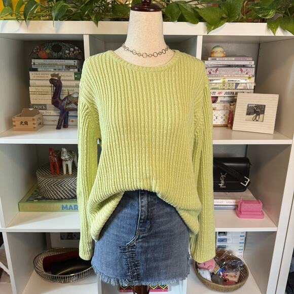Vintage Talbots Size L Cotton Lime Green Cable Knit Logo Oversized Sweater - Picture 2 of 10
